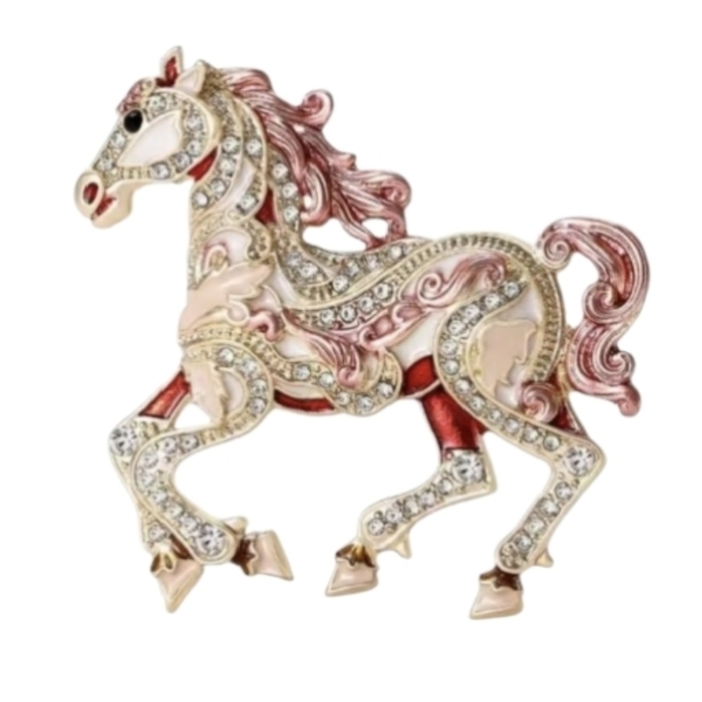 New!  Crystal Carousel Horse Brooch Pin • Red Pink Gold Equestrain Gift • NWOT